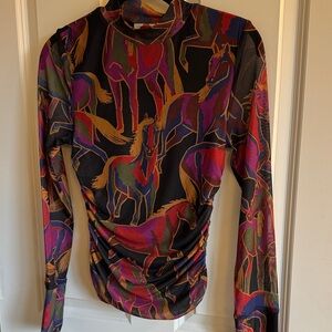 Farm Rio Colorful Horse Print Long Sleeve Mesh Top